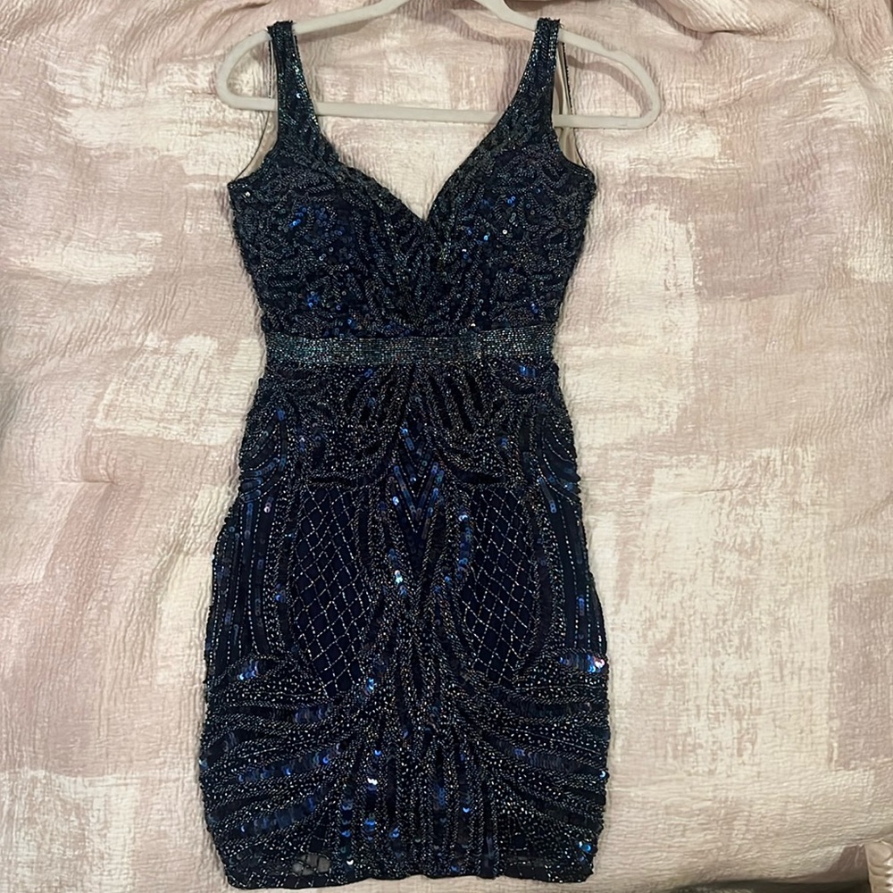 Prom Custom Beaded/Sequined Short Dress (Midnight Blue)